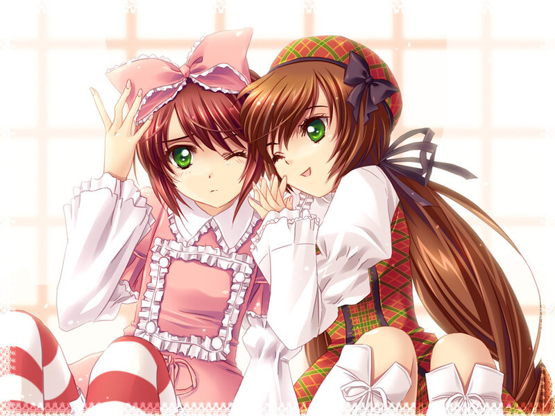Two Anime Girls Sitting — Pink, Cheerful