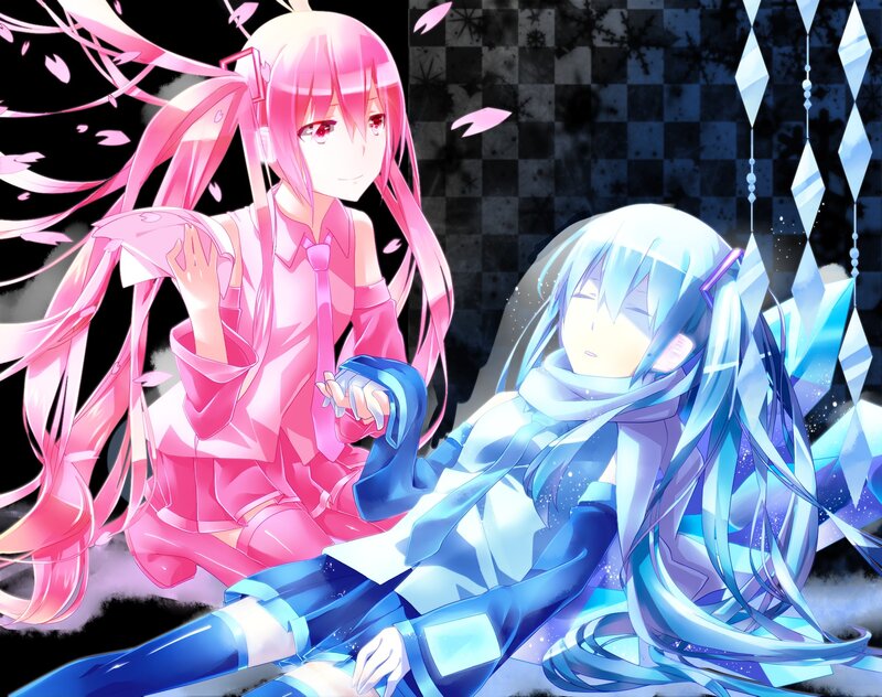 Two Anime Girls Sitting — Pink, Dramatic, Cherry Blossoms
