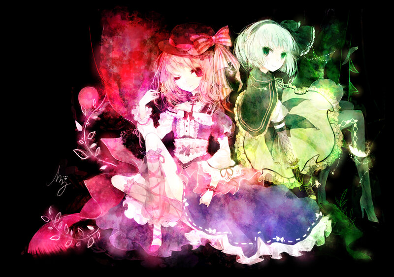 Two Anime Girls Sitting — Pink, Dreamy, Night