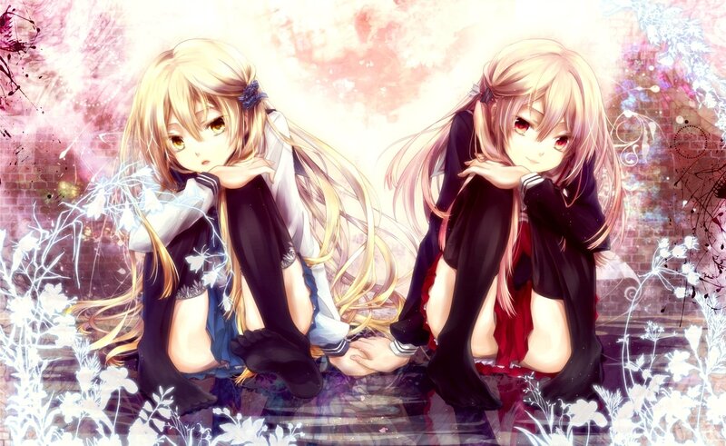 Two Anime Girls Sitting — Pink, Dreamy, School Uniforms, Flowers