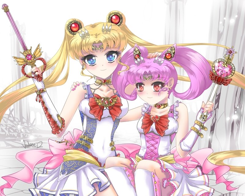 Two Anime Girls Sitting — Pink, Peaceful