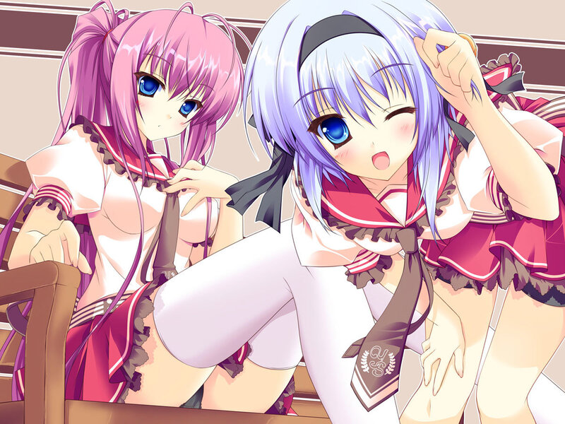 Two Anime Girls Sitting — Pink, Playful