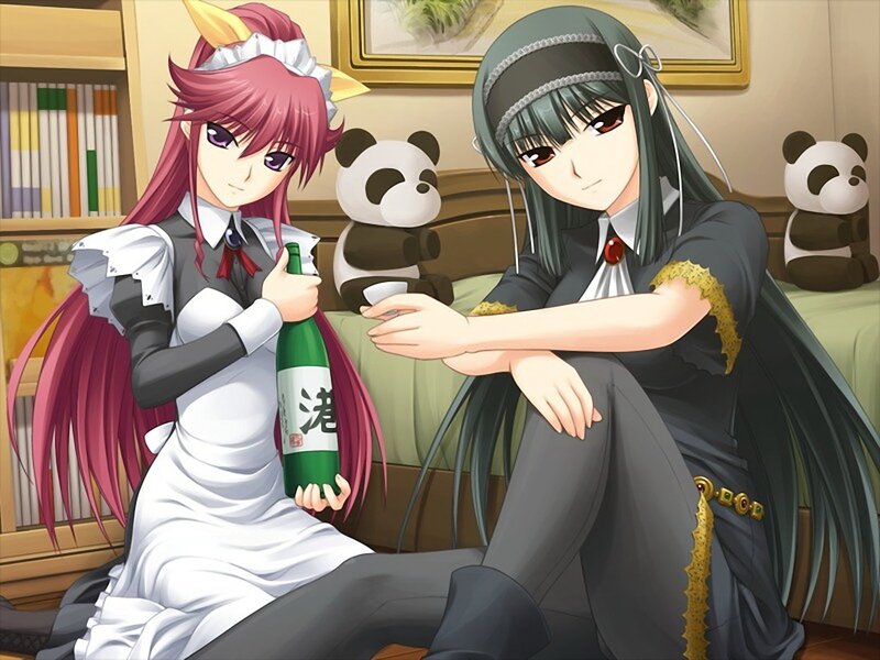 Two Anime Girls Sitting — Pink, Relaxed