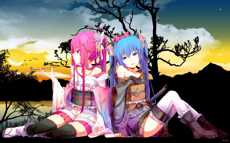 Two Anime Girls Sitting — Pink, Serene, Sunset