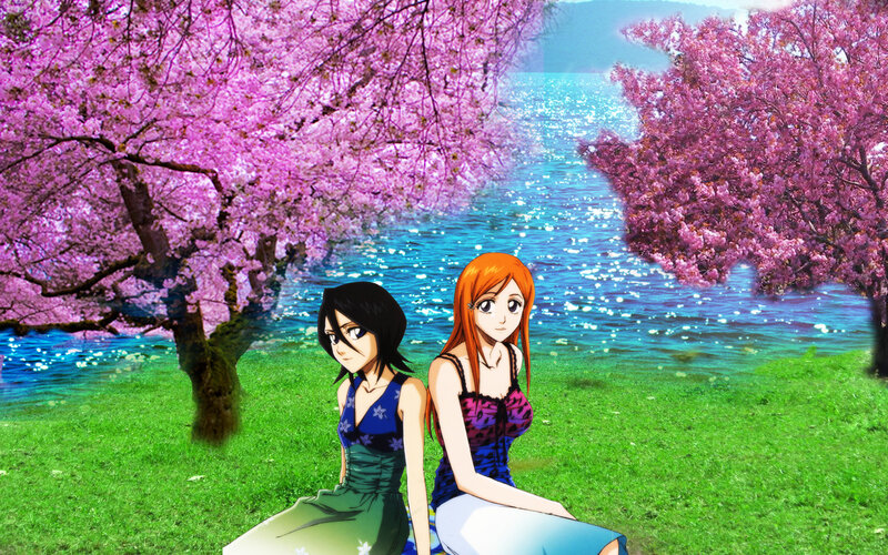 Two Anime Girls Sitting — Pink, Serene