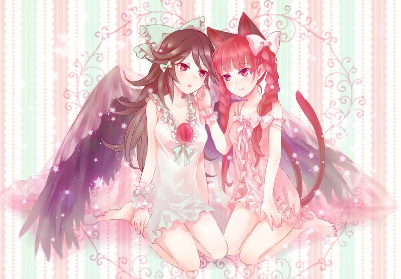 Two Anime Girls Sitting — Pink, Sweet, Wings
