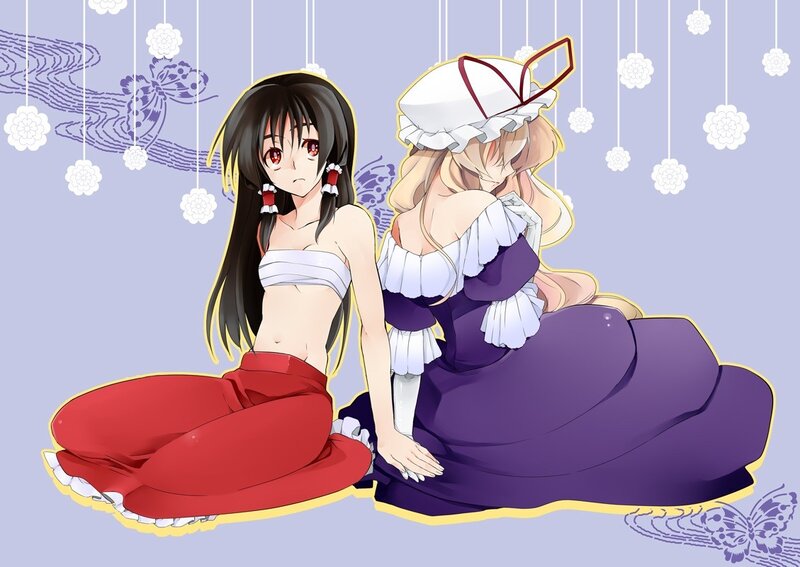 Two Anime Girls Sitting — Purple, Calm, Red Pants