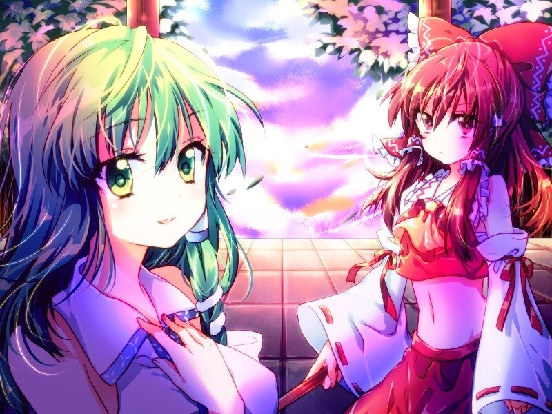 Two Anime Girls Sitting — Purple, Calm, Sunset