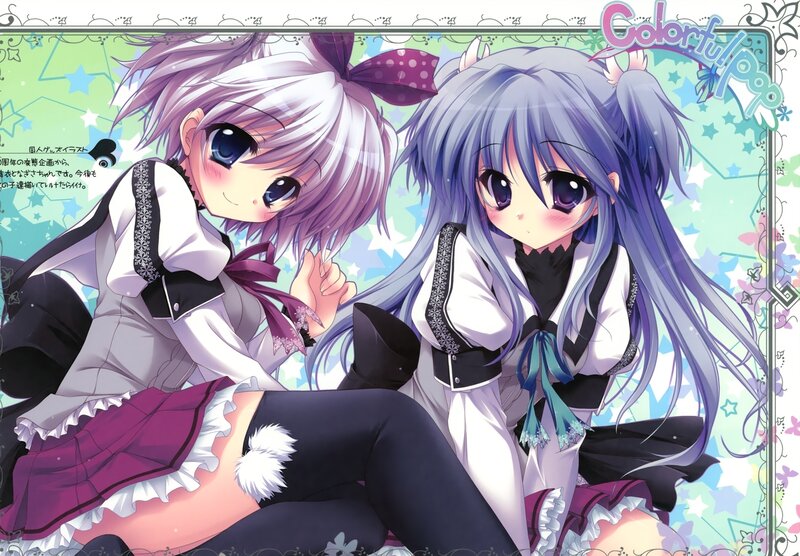 Two Anime Girls Sitting — Purple, Cheerful