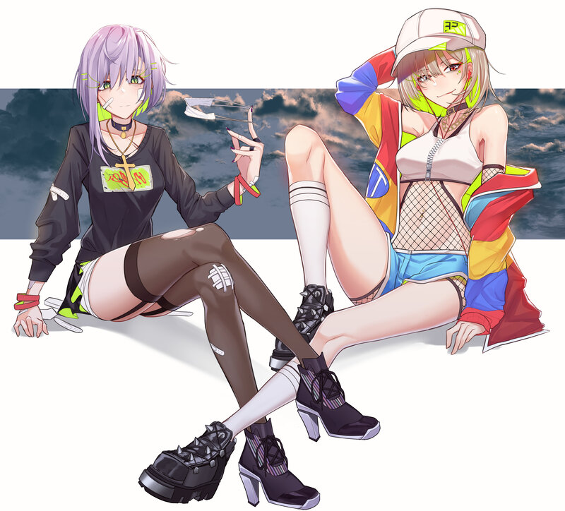 Two Anime Girls Sitting — Purple, Dramatic, Afternoon