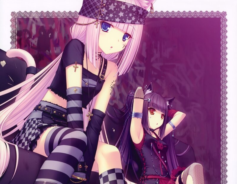 Two Anime Girls Sitting — Purple, Dramatic, Cat Ears, Crosses