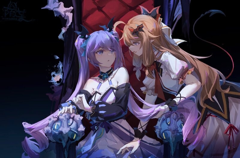 Two Anime Girls Sitting — Purple, Dramatic, Night