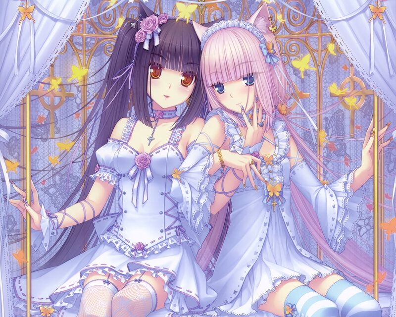 Two Anime Girls Sitting — Purple, Dreamy, Cat Ears
