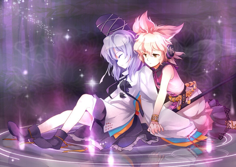 Two Anime Girls Sitting — Purple, Dreamy