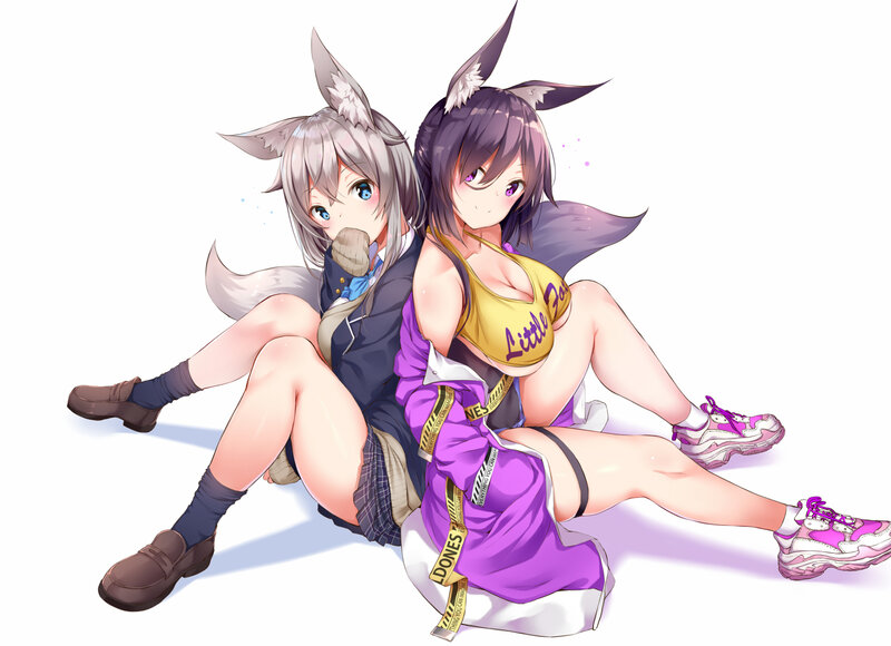 Two Anime Girls Sitting — Purple, Playful, Animal Ears