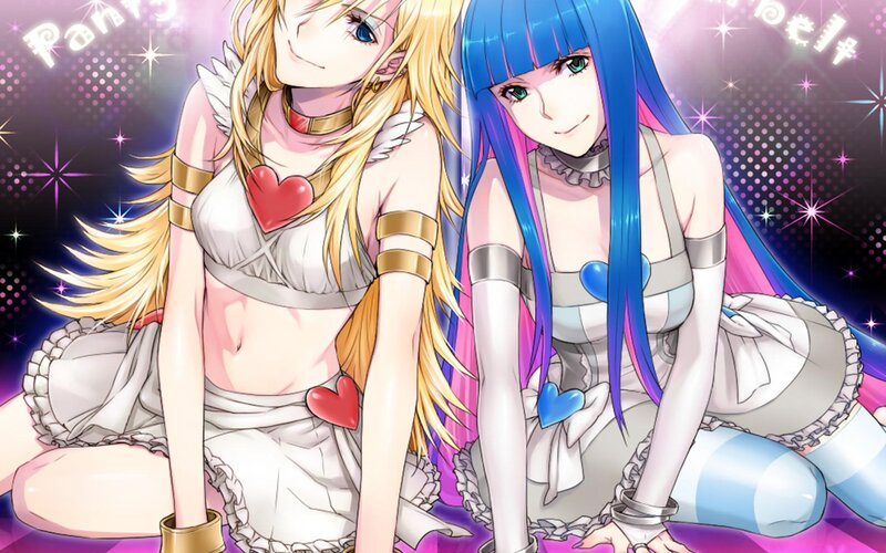 Two Anime Girls Sitting — Purple, Playful, Night, Hearts
