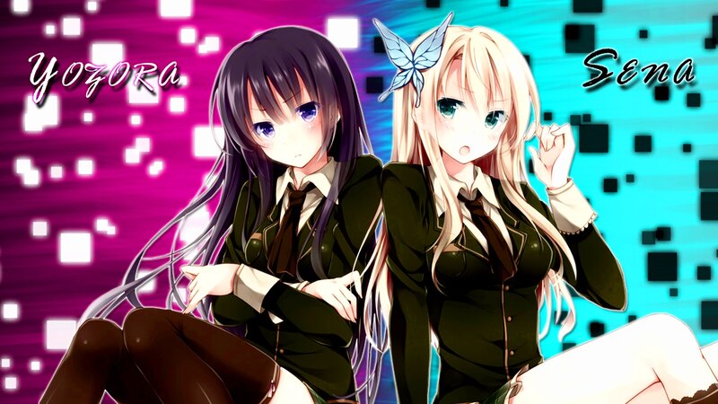 Two Anime Girls Sitting — Purple, Playful, School Uniforms, Butterfly Hair Clip