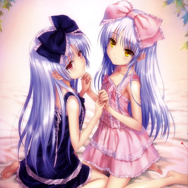 Two Anime Girls Sitting — Purple, Serene, Bows