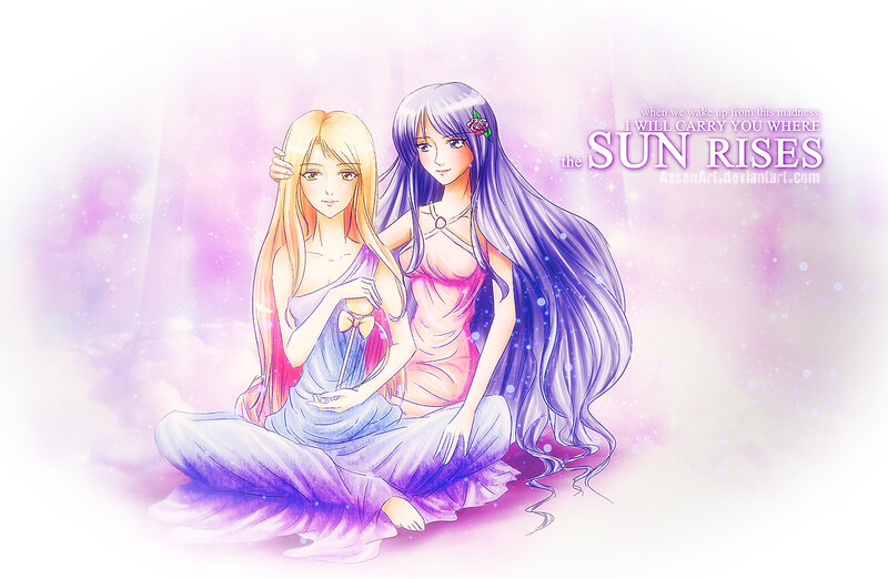 Two Anime Girls Sitting — Purple, Serene, Long Hair