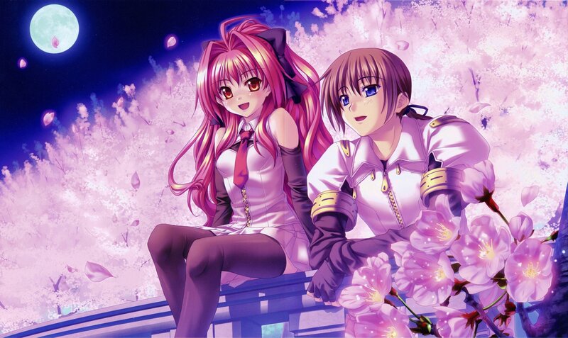 Two Anime Girls Sitting — Purple, Serene, Night