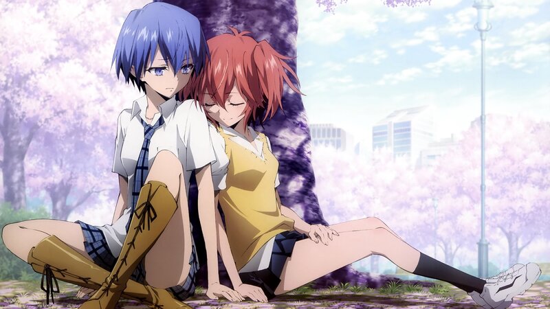 Two Anime Girls Sitting — Purple, Serene, Spring
