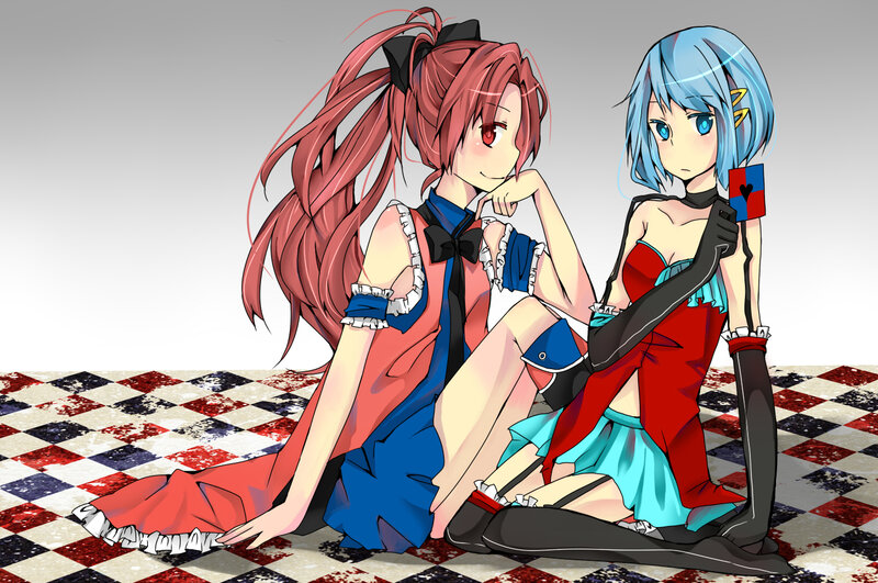 Two Anime Girls Sitting — Red, Calm, Checkered Floor