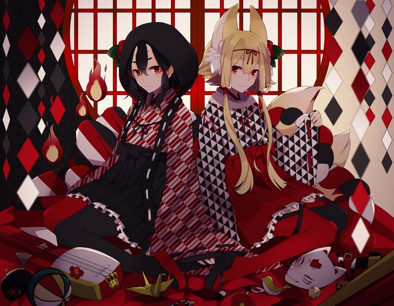 Two Anime Girls Sitting — Red, Calm, Fox Ears