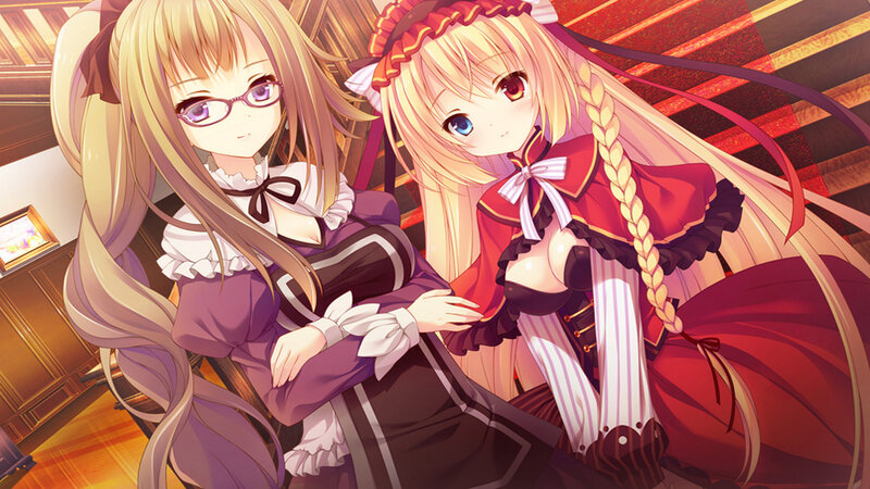 Two Anime Girls Sitting — Red, Calm, Glasses