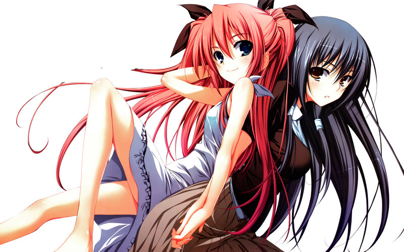 Two Anime Girls Sitting — Red, Calm, Long Hair