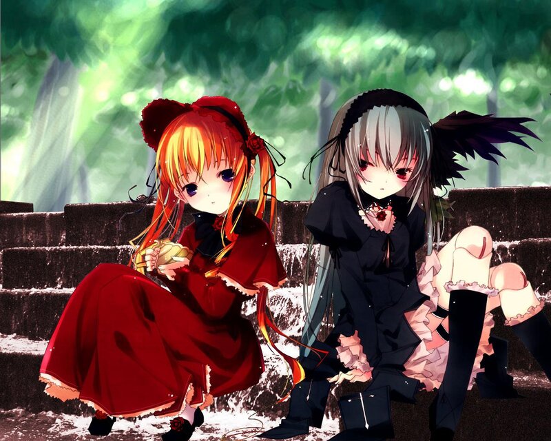 Two Anime Girls Sitting — Red, Calm, Stairs