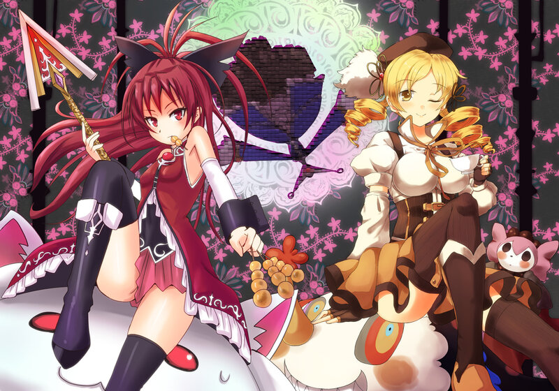 Two Anime Girls Sitting — Red, Playful, Weapons