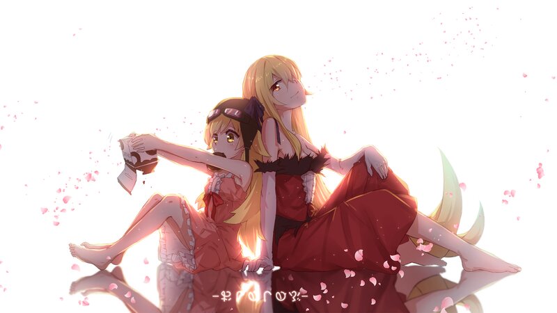 Two Anime Girls Sitting — Red, Serene