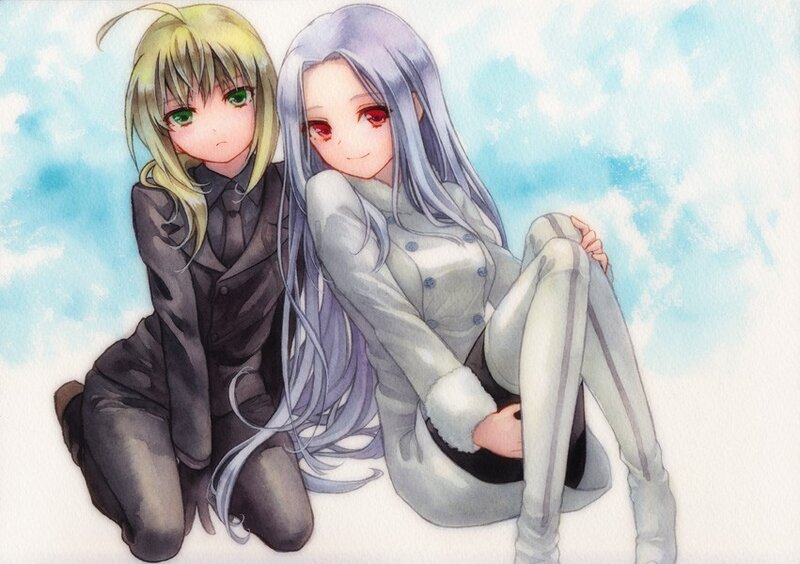 Two anime girls sitting together