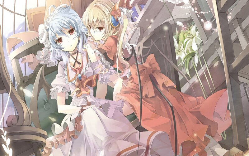 Two Anime Girls Sitting — White, Calm, Afternoon, Flowers