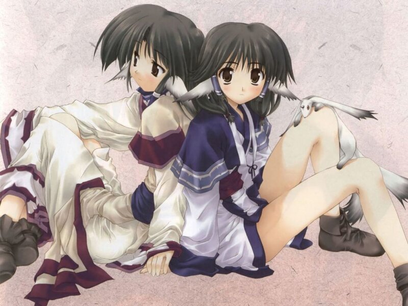 Two Anime Girls Sitting — White, Calm, Animal