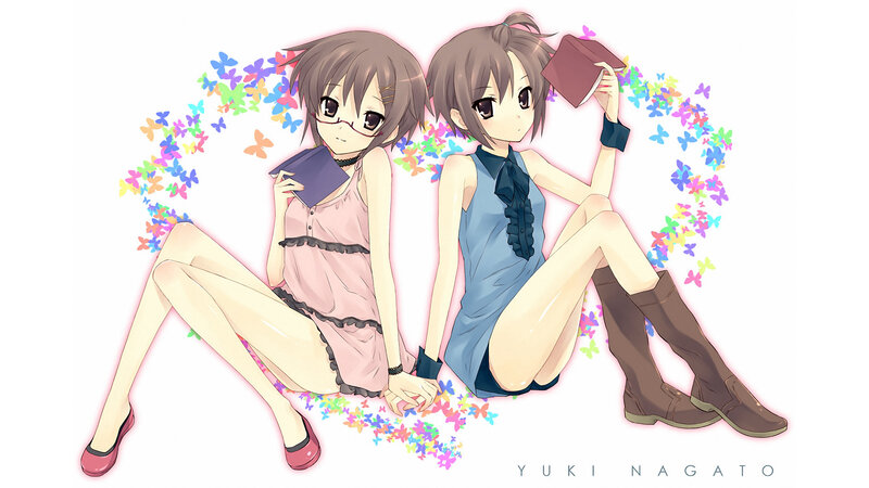 Two Anime Girls Sitting — White, Calm, Butterflies