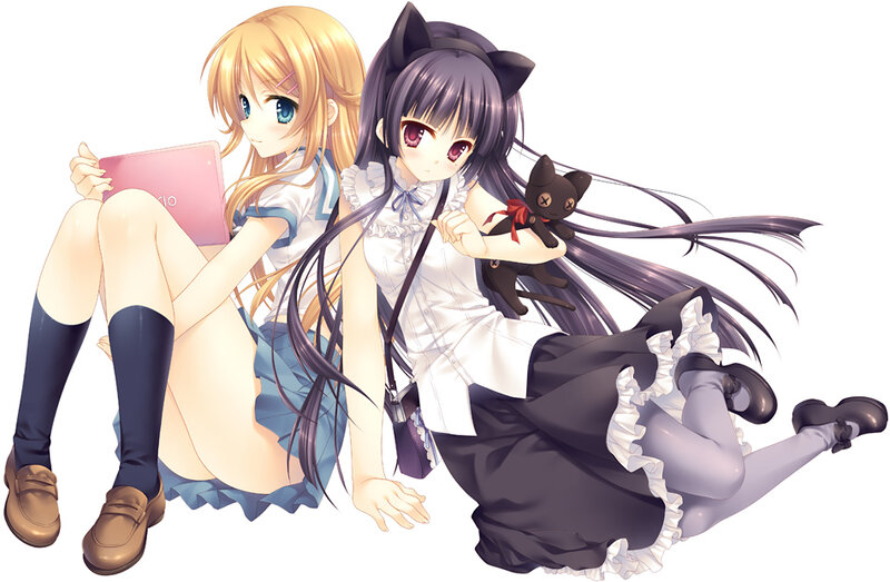 Two Anime Girls Sitting — White, Calm, Cat Toy