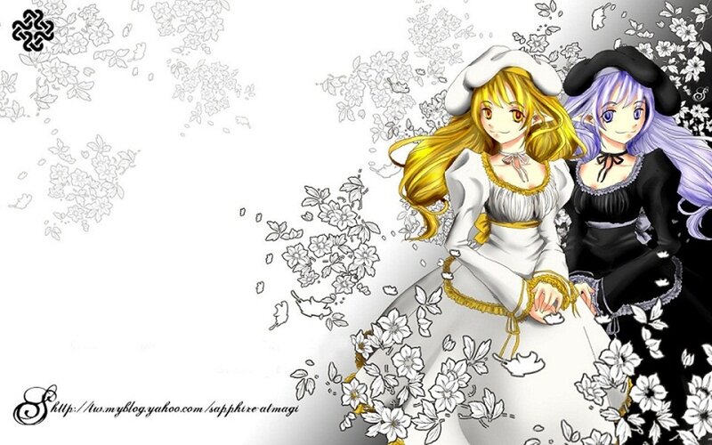 Two Anime Girls Sitting — White, Calm, Flowers