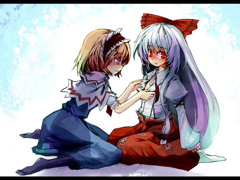 Two Anime Girls Sitting — White, Calm, Long Hair, Bows