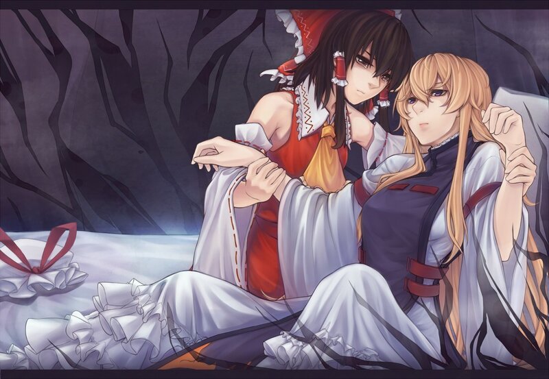 Two Anime Girls Sitting — White, Calm, Night, Forest