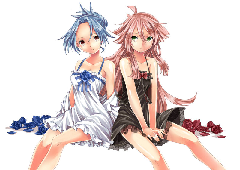 Two Anime Girls Sitting — White, Calm, Roses