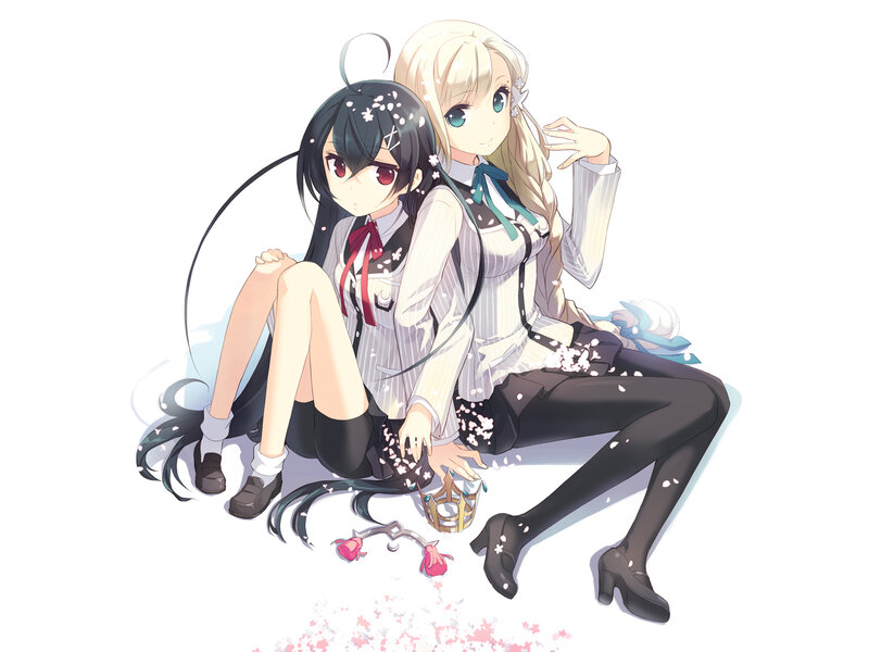 Two Anime Girls Sitting — White, Calm, Spring, School Uniforms