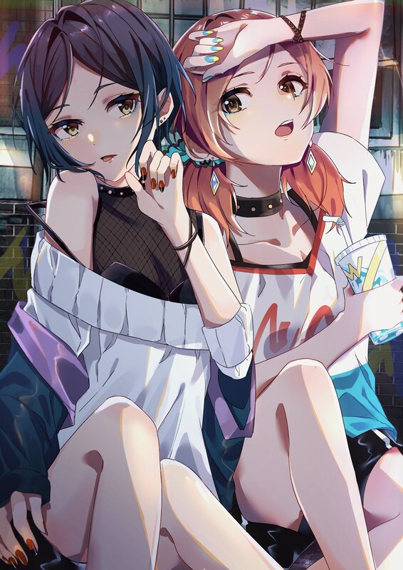 Two Anime Girls Sitting — White, Casual