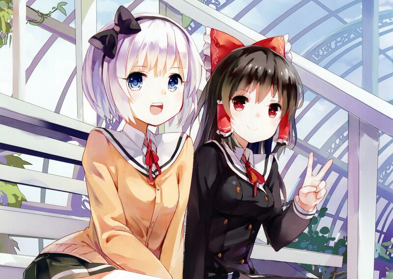 Two Anime Girls Sitting — White, Cheerful