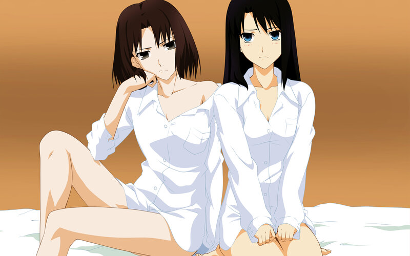 Two Anime Girls Sitting — White, Neutral