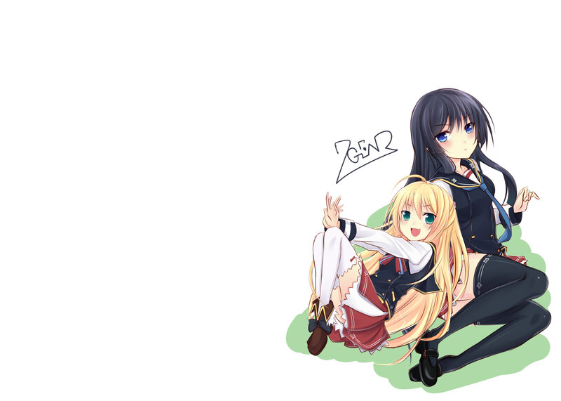 Two Anime Girls Sitting — White, Playful, School Uniforms
