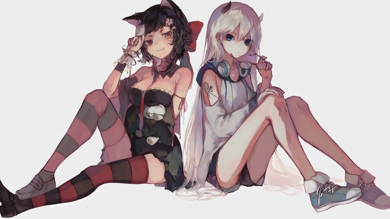 Two Anime Girls Sitting — White, Relaxed, Digital Art