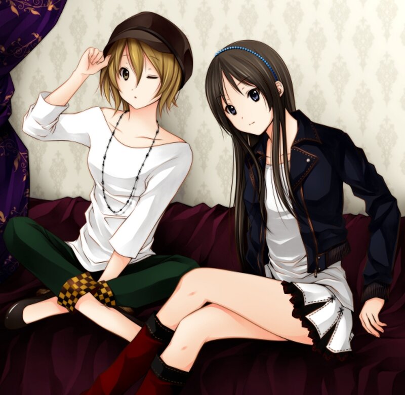Two Anime Girls Sitting — White, Relaxed