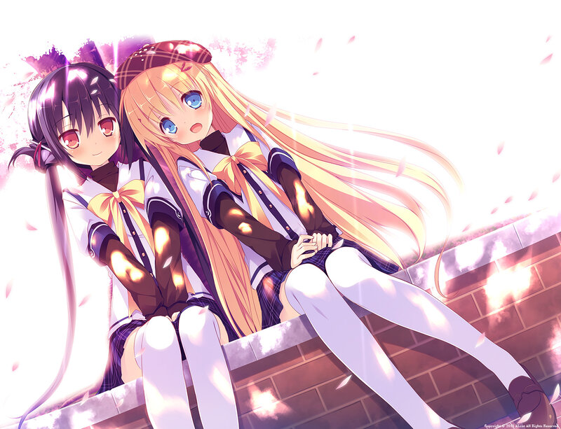 Two Anime Girls Sitting — White, Serene, Spring, School Uniforms