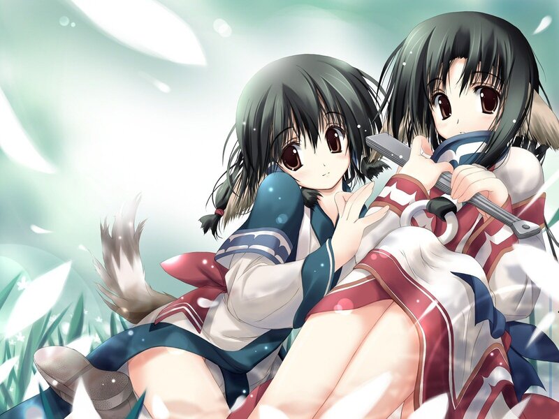 Two Anime Girls Sitting — White, Serene, Spring, Sword